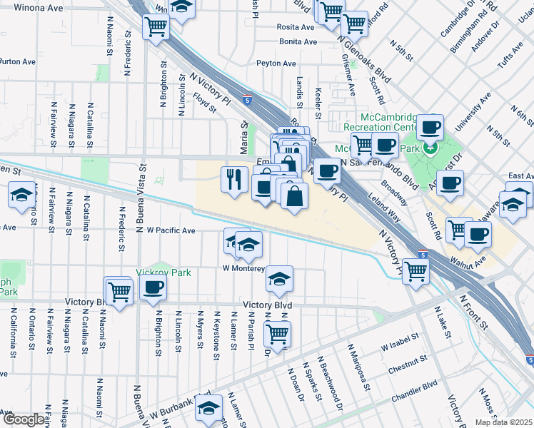 map of restaurants, bars, coffee shops, grocery stores, and more near 1800 Empire Avenue in Burbank
