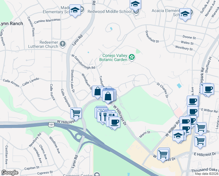 map of restaurants, bars, coffee shops, grocery stores, and more near 460 Arbor Lane Court in Thousand Oaks