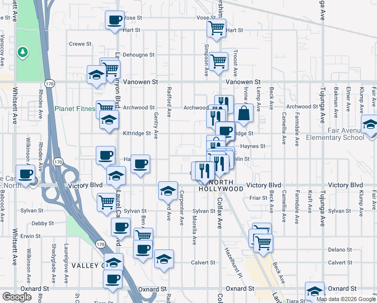map of restaurants, bars, coffee shops, grocery stores, and more near 11819 Hamlin Street in Los Angeles