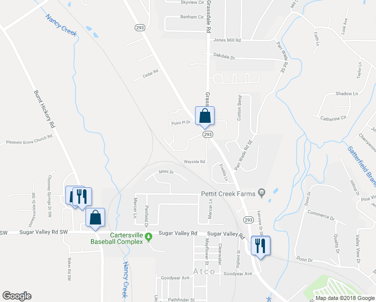 map of restaurants, bars, coffee shops, grocery stores, and more near 29 Middlebrook Drive in Cartersville