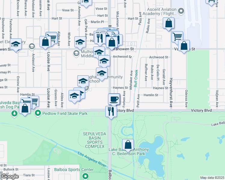map of restaurants, bars, coffee shops, grocery stores, and more near 6506 Balboa Boulevard in Los Angeles