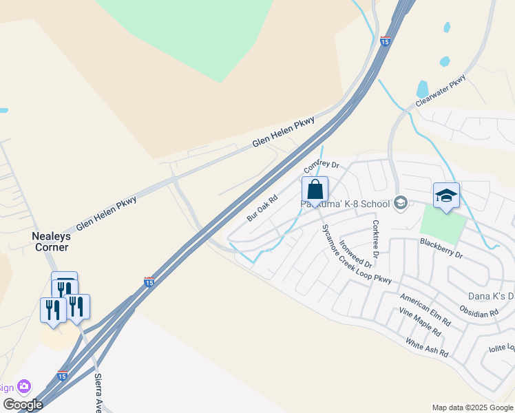 map of restaurants, bars, coffee shops, grocery stores, and more near 3831 Bur Oak Road in San Bernardino