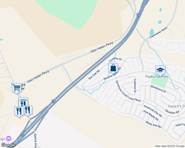 map of restaurants, bars, coffee shops, grocery stores, and more near 3831 Bur Oak Road in San Bernardino
