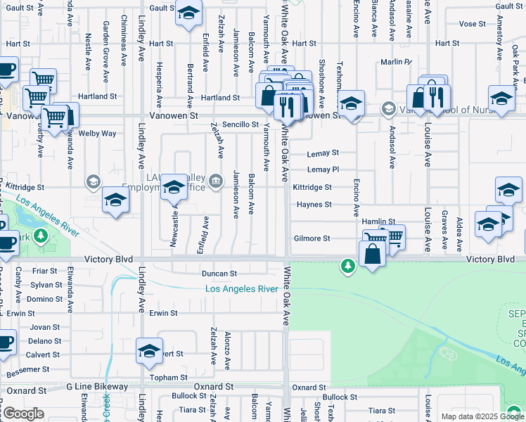 map of restaurants, bars, coffee shops, grocery stores, and more near 6517 Yarmouth Avenue in Los Angeles
