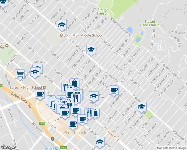map of restaurants, bars, coffee shops, grocery stores, and more near 645 East Magnolia Boulevard in Burbank