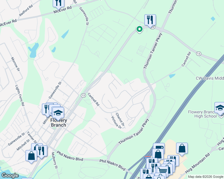 map of restaurants, bars, coffee shops, grocery stores, and more near 4750 Beacon Ridge Lane in Flowery Branch