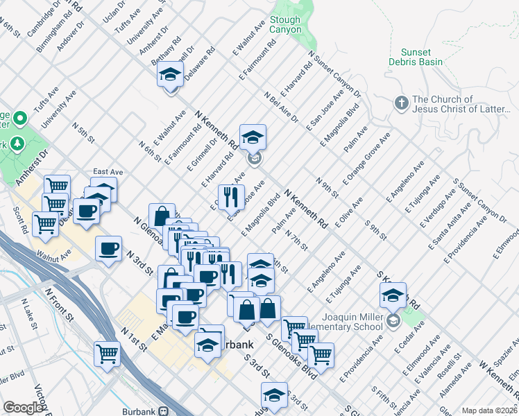 map of restaurants, bars, coffee shops, grocery stores, and more near 644 East San Jose Avenue in Burbank