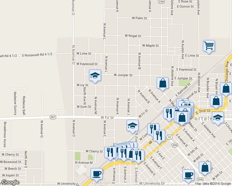 map of restaurants, bars, coffee shops, grocery stores, and more near 905 North Avenue K in Portales