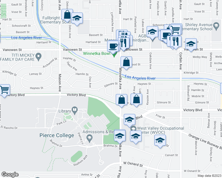 map of restaurants, bars, coffee shops, grocery stores, and more near 6535 Comanche Avenue in Los Angeles