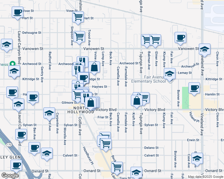 map of restaurants, bars, coffee shops, grocery stores, and more near Beck Avenue in Los Angeles