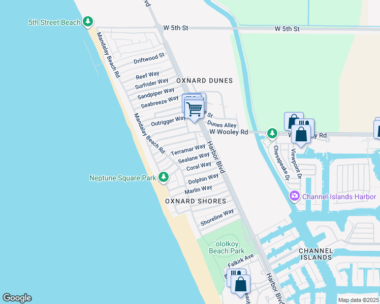 map of restaurants, bars, coffee shops, grocery stores, and more near 5050 Terramar Way in Oxnard