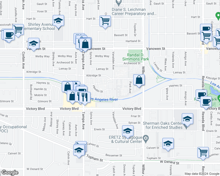 map of restaurants, bars, coffee shops, grocery stores, and more near 19111 Hamlin Street in Los Angeles