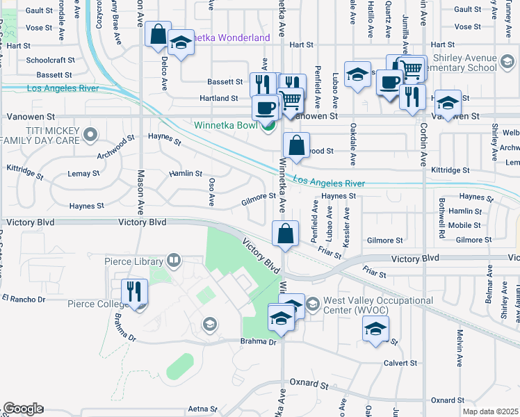 map of restaurants, bars, coffee shops, grocery stores, and more near 6535 Comanche Avenue in Los Angeles