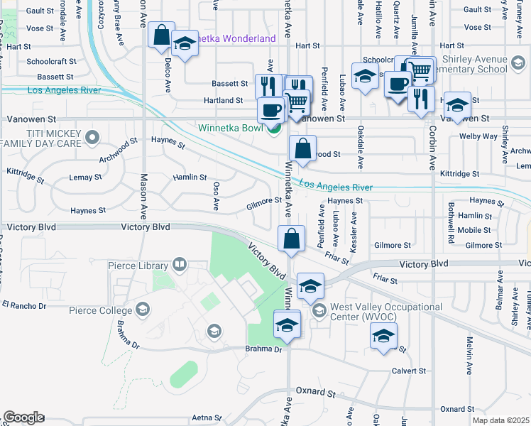 map of restaurants, bars, coffee shops, grocery stores, and more near 6535 Comanche Avenue in Los Angeles