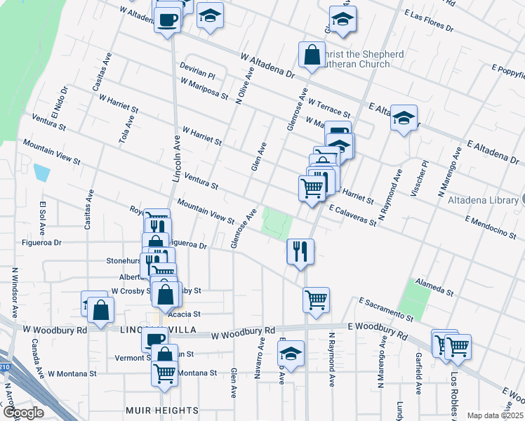 map of restaurants, bars, coffee shops, grocery stores, and more near 2592 Glenrose Avenue in Altadena