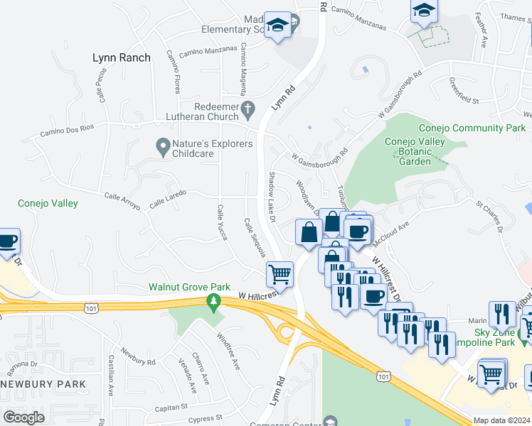 map of restaurants, bars, coffee shops, grocery stores, and more near 757 Shadow Lake Drive in Thousand Oaks