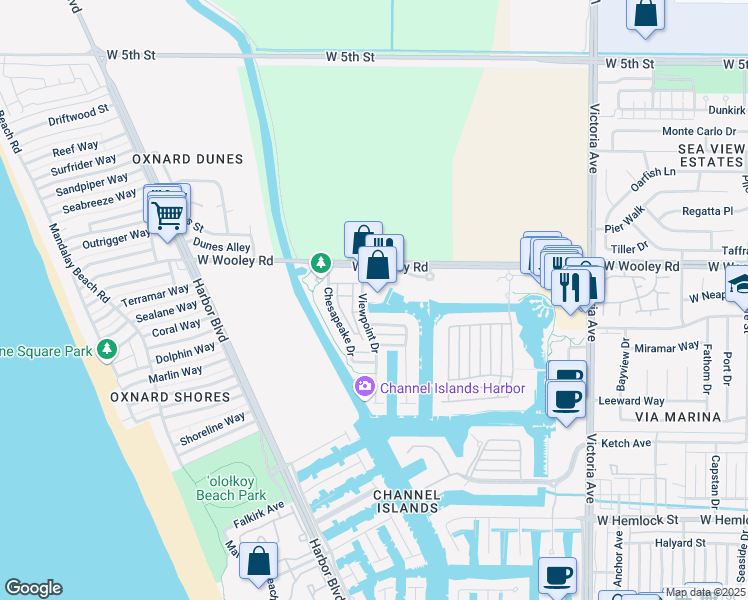 map of restaurants, bars, coffee shops, grocery stores, and more near 4320 Tradewinds Drive in Oxnard
