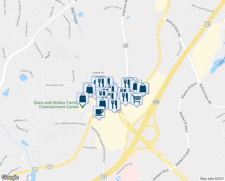 map of restaurants, bars, coffee shops, grocery stores, and more near 123 Primrose Drive in Cumming