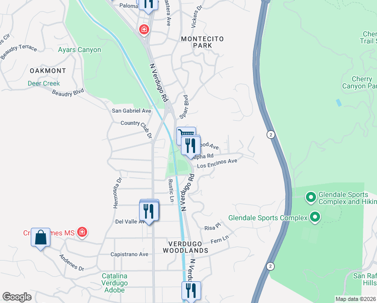 map of restaurants, bars, coffee shops, grocery stores, and more near 1808 Oakwood Avenue in Glendale