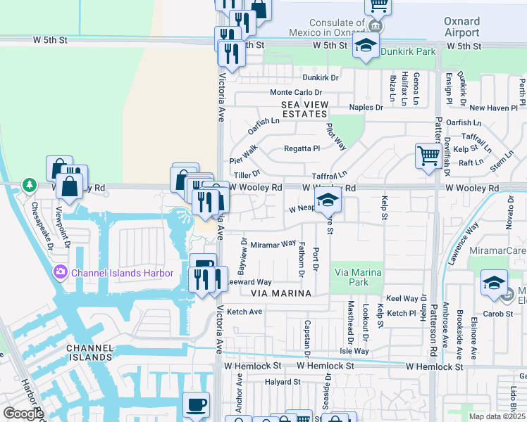 map of restaurants, bars, coffee shops, grocery stores, and more near 3675 Via Pacifica Walk in Oxnard