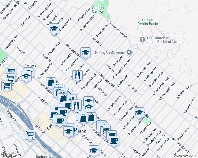 map of restaurants, bars, coffee shops, grocery stores, and more near 803 Palm Avenue in Burbank