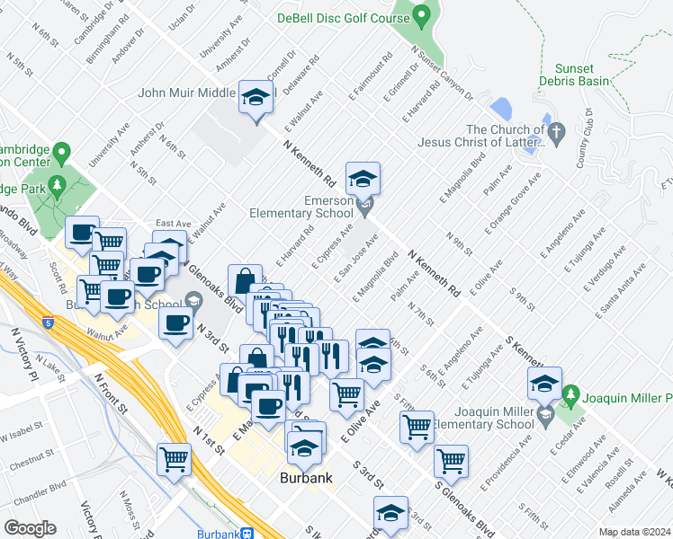 map of restaurants, bars, coffee shops, grocery stores, and more near 620 East Cypress Avenue in Burbank