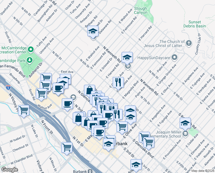 map of restaurants, bars, coffee shops, grocery stores, and more near 621 North 6th Street in Burbank