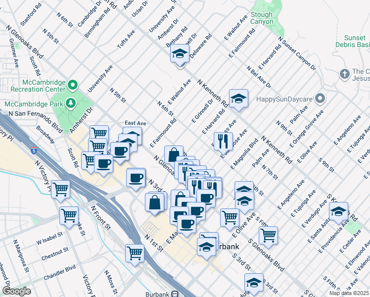 map of restaurants, bars, coffee shops, grocery stores, and more near 512 East Grinnell Drive in Burbank
