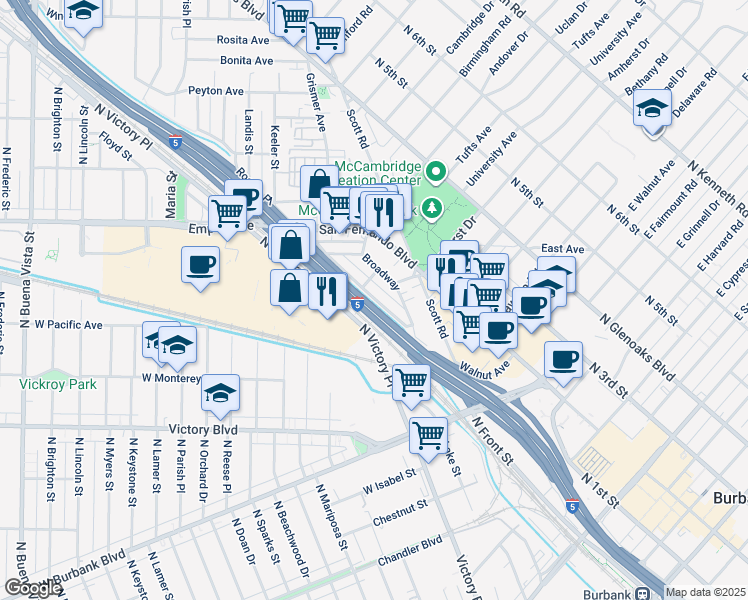 map of restaurants, bars, coffee shops, grocery stores, and more near 1401 Broadway in Burbank