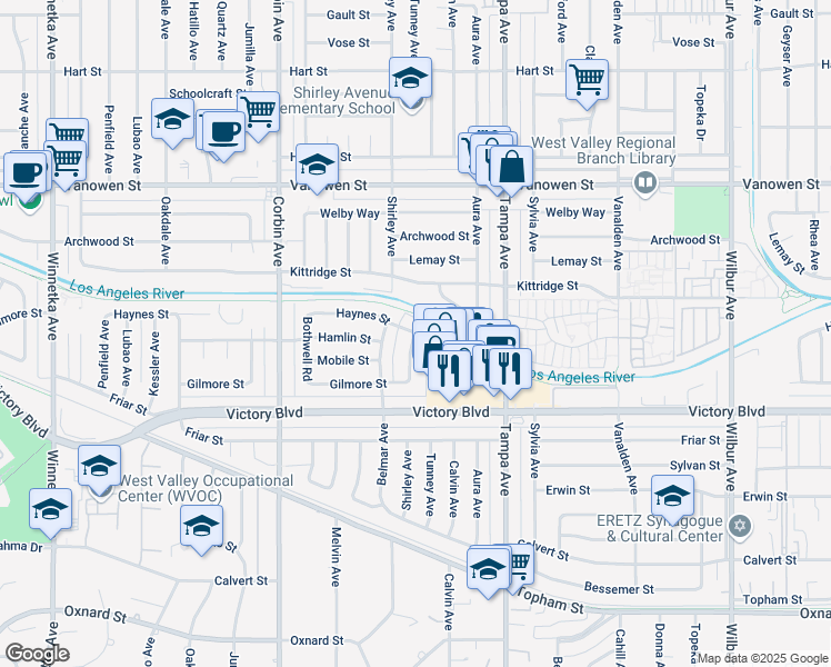 map of restaurants, bars, coffee shops, grocery stores, and more near 19419 Haynes Street in Los Angeles