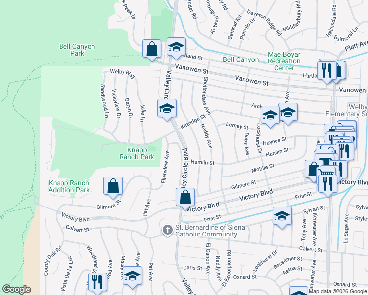 map of restaurants, bars, coffee shops, grocery stores, and more near 6547 Lemay Street in Los Angeles