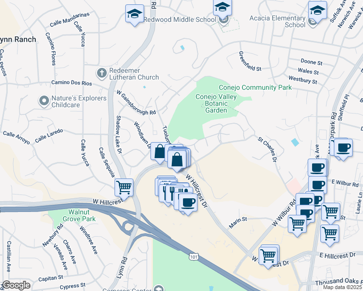 map of restaurants, bars, coffee shops, grocery stores, and more near 427 Arbor Lane Court in Thousand Oaks