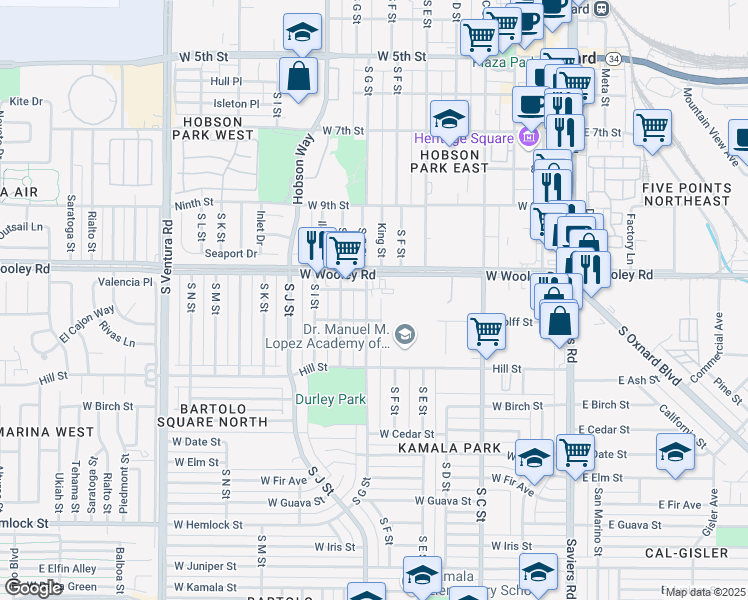 map of restaurants, bars, coffee shops, grocery stores, and more near 750 West Wooley Road in Oxnard