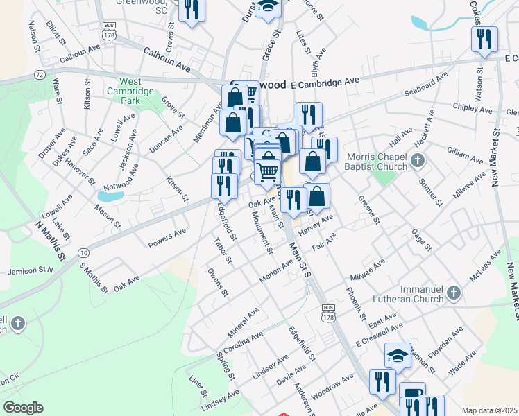 map of restaurants, bars, coffee shops, grocery stores, and more near 109 Oak Avenue in Greenwood
