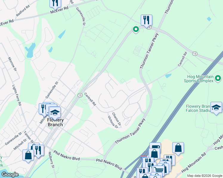 map of restaurants, bars, coffee shops, grocery stores, and more near 4828 Zephyr Cove Place in Flowery Branch