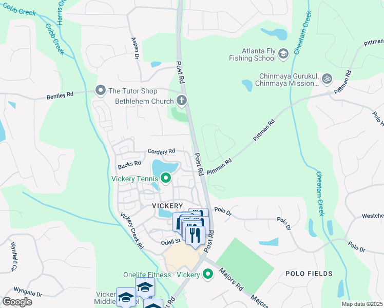 map of restaurants, bars, coffee shops, grocery stores, and more near 7455 Cordery Road in Cumming