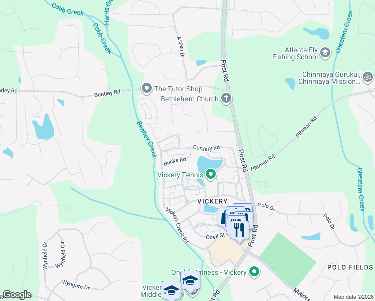 map of restaurants, bars, coffee shops, grocery stores, and more near 6965 Bucks Road in Cumming
