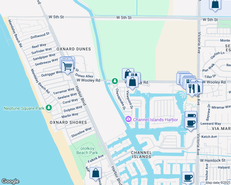 map of restaurants, bars, coffee shops, grocery stores, and more near 1211 Chesapeake Drive in Oxnard