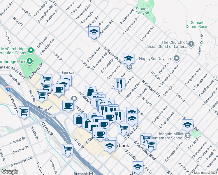 map of restaurants, bars, coffee shops, grocery stores, and more near 569 East Cypress Avenue in Burbank