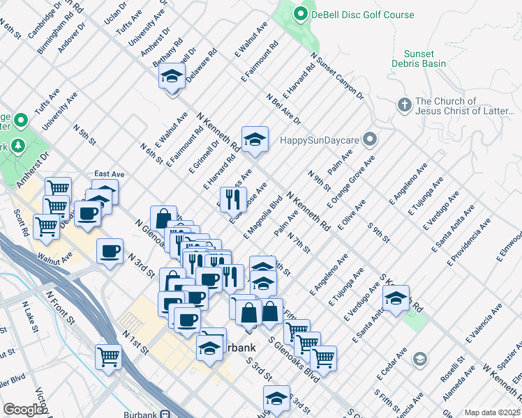 map of restaurants, bars, coffee shops, grocery stores, and more near 645 East Magnolia Boulevard in Burbank