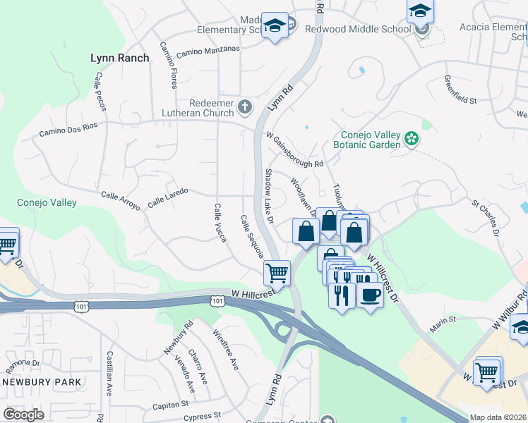 map of restaurants, bars, coffee shops, grocery stores, and more near 757 Shadow Lake Drive in Thousand Oaks