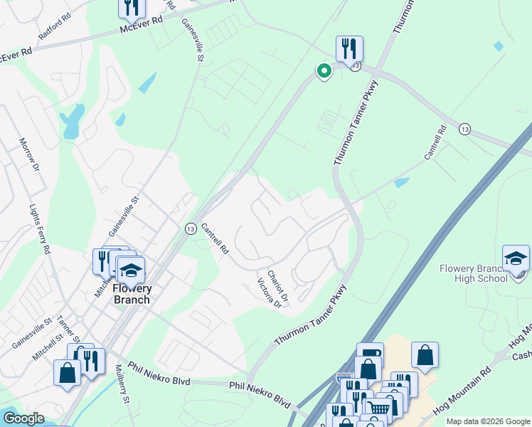 map of restaurants, bars, coffee shops, grocery stores, and more near 4828 Zephyr Cove Place in Flowery Branch