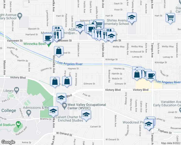 map of restaurants, bars, coffee shops, grocery stores, and more near 19805 Hamlin Street in Los Angeles