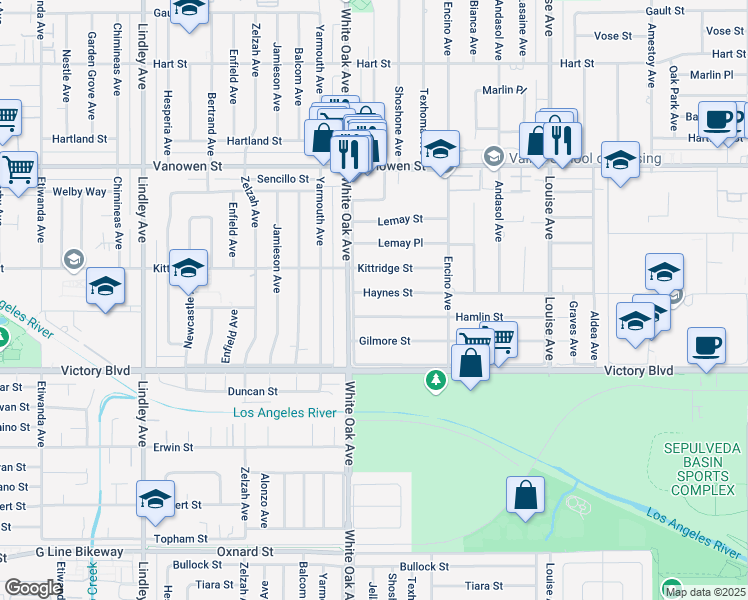map of restaurants, bars, coffee shops, grocery stores, and more near 17647 Haynes Street in Los Angeles