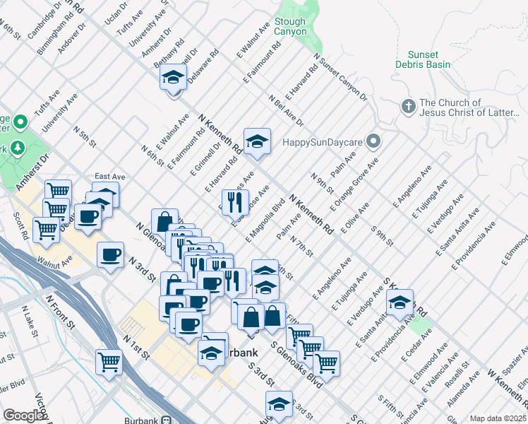 map of restaurants, bars, coffee shops, grocery stores, and more near 645 East Magnolia Boulevard in Burbank