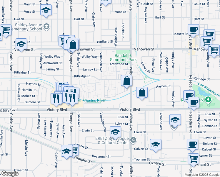 map of restaurants, bars, coffee shops, grocery stores, and more near 19031 Hamlin Street in Los Angeles