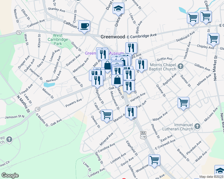 map of restaurants, bars, coffee shops, grocery stores, and more near 109 Oak Avenue in Greenwood