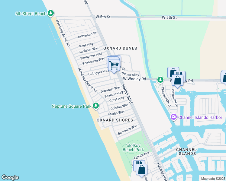 map of restaurants, bars, coffee shops, grocery stores, and more near 5040 Terramar Way in Oxnard