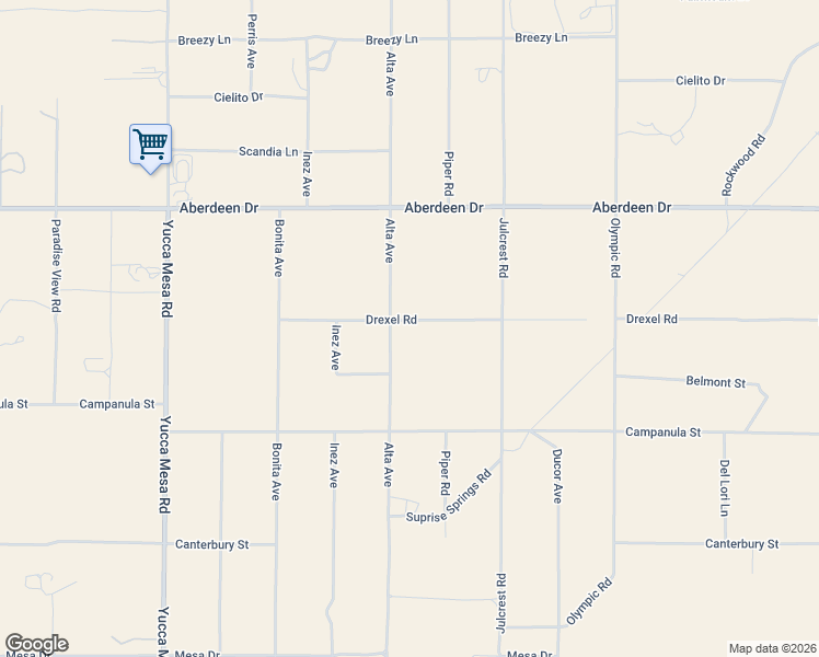 map of restaurants, bars, coffee shops, grocery stores, and more near 59749 Drexel Road in Yucca Valley
