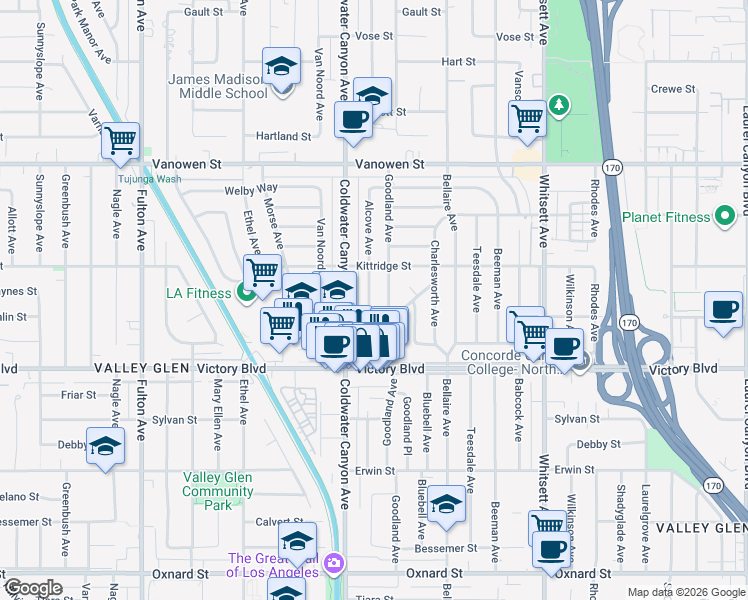 map of restaurants, bars, coffee shops, grocery stores, and more near 6522 Alcove Avenue in Los Angeles